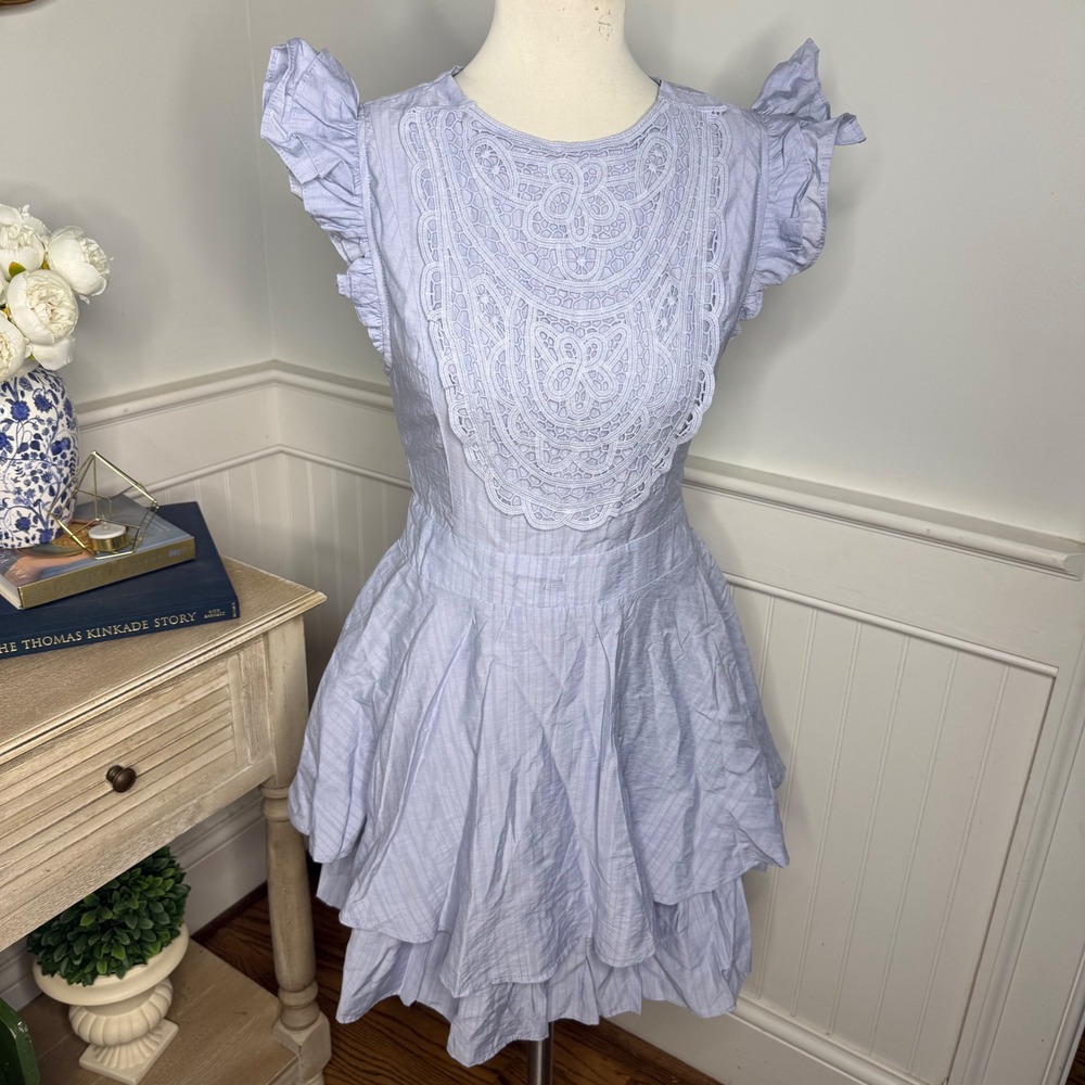 Indikah Blue Lace Bib Ruffle Open Back Tiered Mini Dress NWT Size L